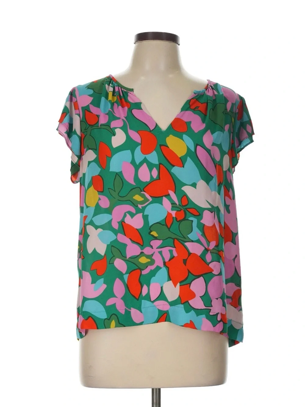 J. Crew Green Multi Floral V-Neck Flutter Sleeve Blouse